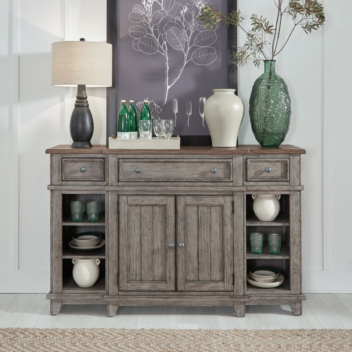 Liberty Furniture River Place Breakfront Server in Riverstone Gray & Tobacco