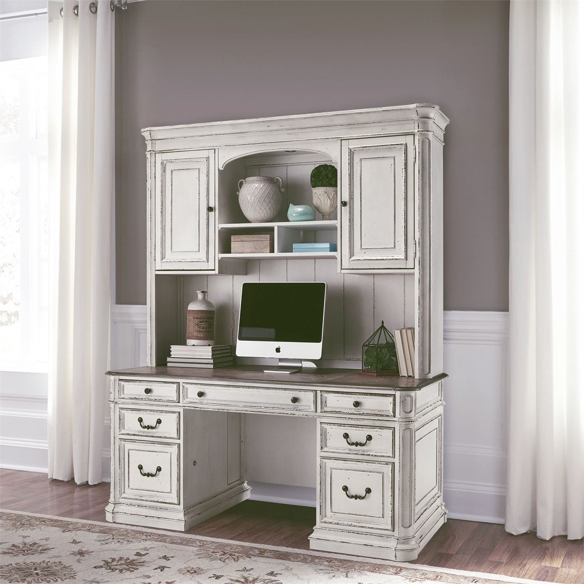 Liberty Magnolia Manor Credenza with Hutch in Antique White 244-HOJ-CHS