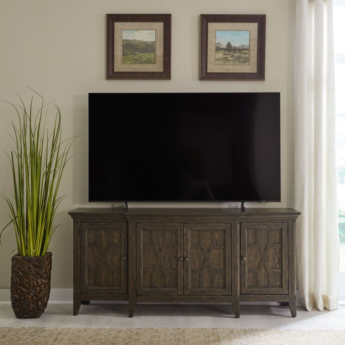 Liberty Furniture Paradise Valley Entertainment Center with Piers in Saddle Brown