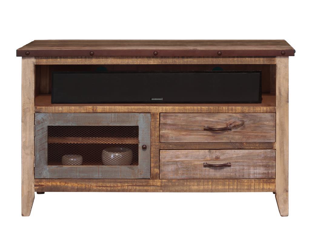 Antique Multicolor 52"TV Stand w/2 drawers and 1 iron mesh door