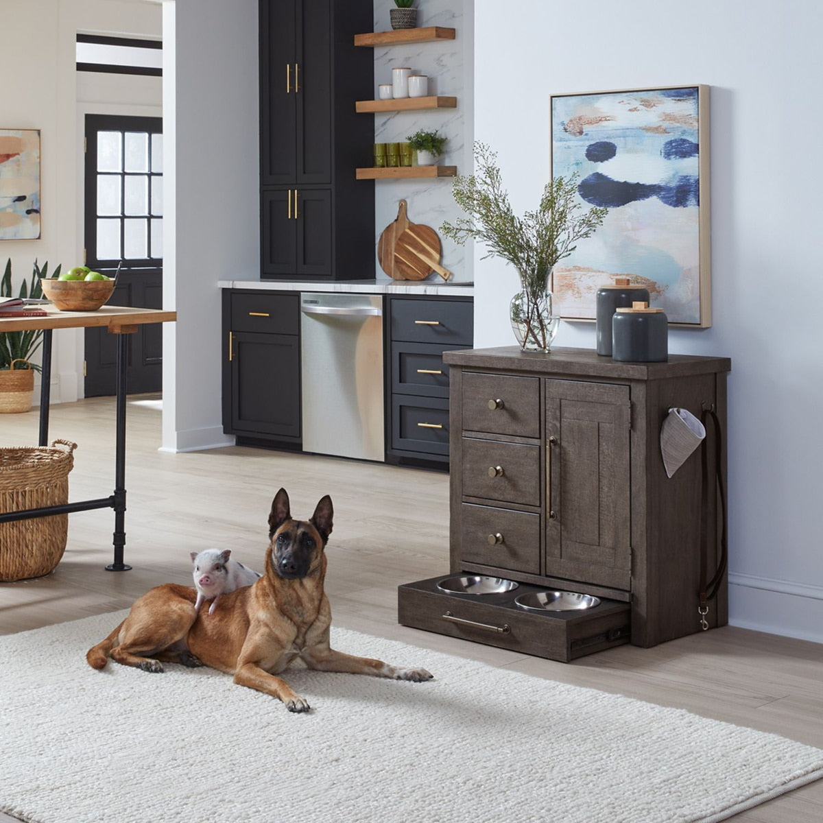Liberty Furniture Modern Farmhouse Pet Feeder in Dusty Charcoal EST SHIP TIME APPX 4 WEEKS