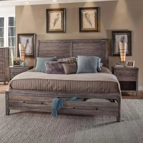 American Woodcrafters Aurora King Sleigh Bed w/ Storage Footboard in Weathered Grey 2800-66SLST
